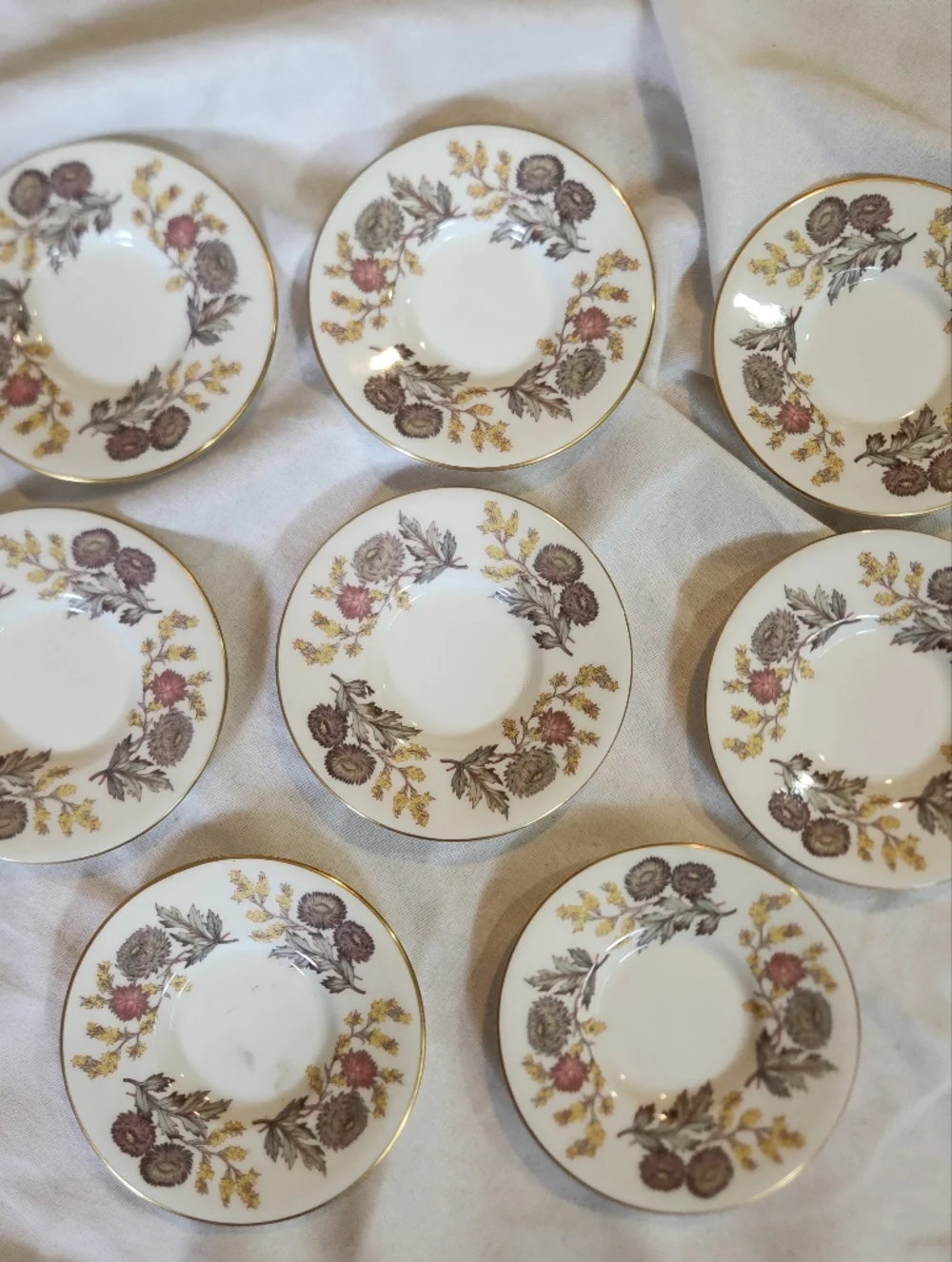 Wedgwood Lichfield Bone China Saucer Set 8 Floral Gold Rim England Vintage